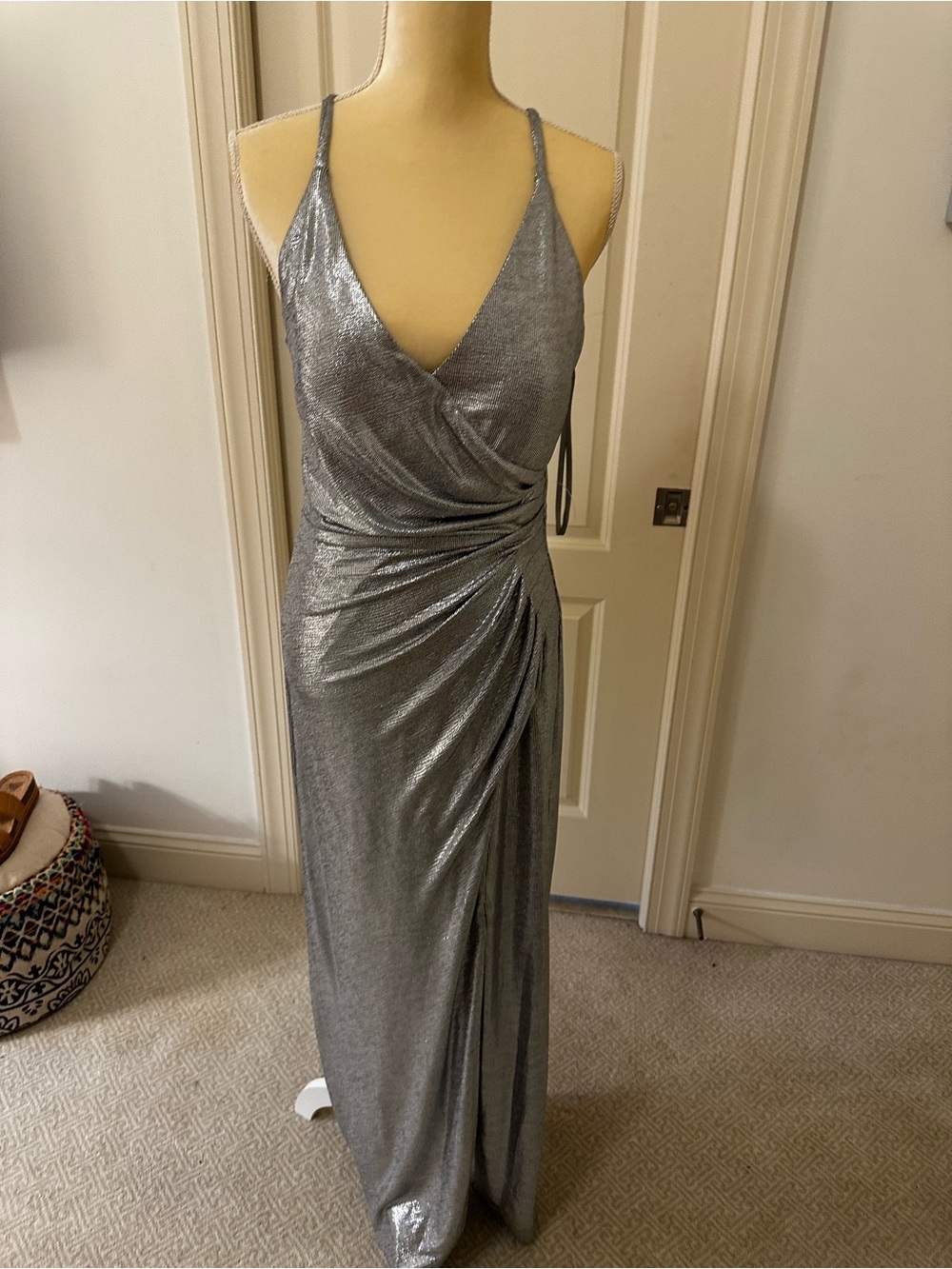 Eliza J. Metallic Silver Wrap-Front Evening Gown 12 stretch